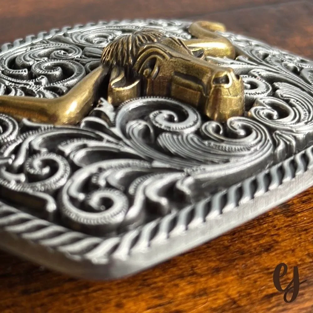 Texas Longhorn Belt Buckle - Western Silver To e Brass Accent Engraved Style